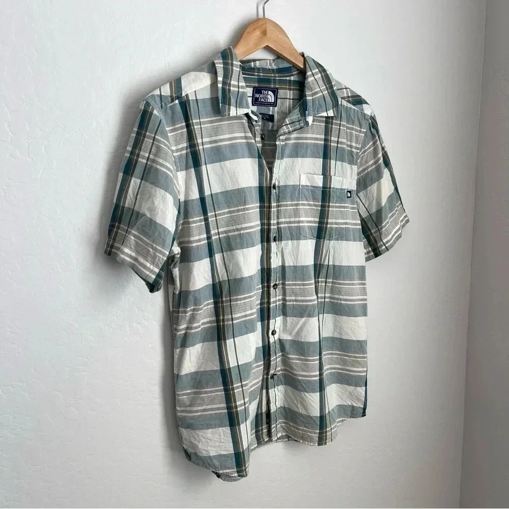 The North Face Men's Teal Green Plaid Short Sleeve Button Up Shirt Size Medium